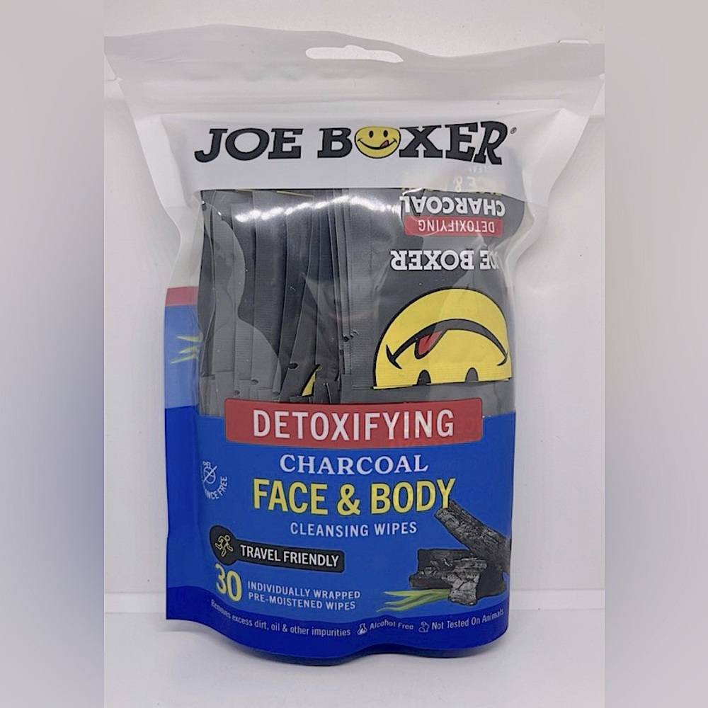 JOE BOXER DETOXIFYING CHARCOAL FACE & BODY CLEANSING WIPES.